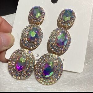 🌸Gorgeous Pink Rainbow Iridescent Crystal Oval Drop Dangle Earrings